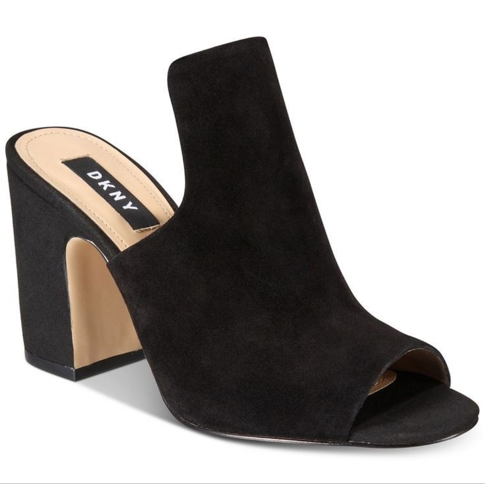 DKNY Open Toe Heeled Mules, 80mm. Black Suede, 37.5